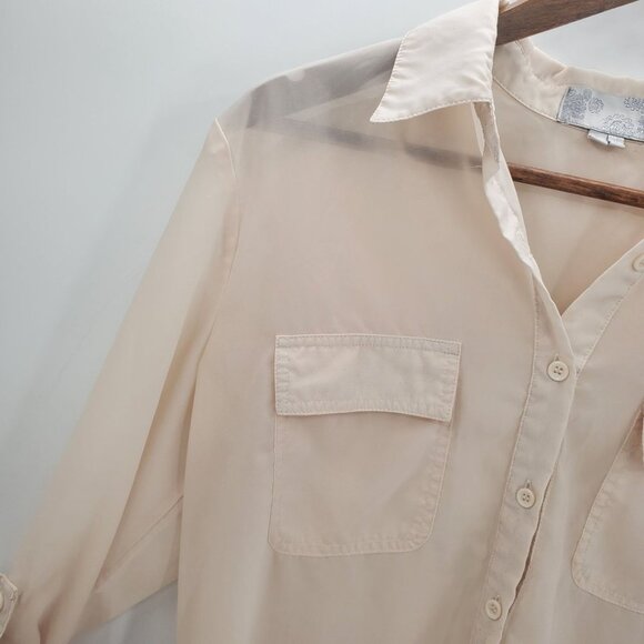 Vintage Solemio Womens Button Up Roll Tab Sleeve Blouse Top Sz L Cream Career - Picture 8 of 16